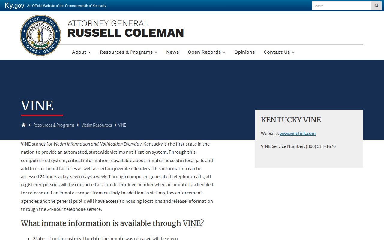 Kentucky VINE coverage and notification instructions